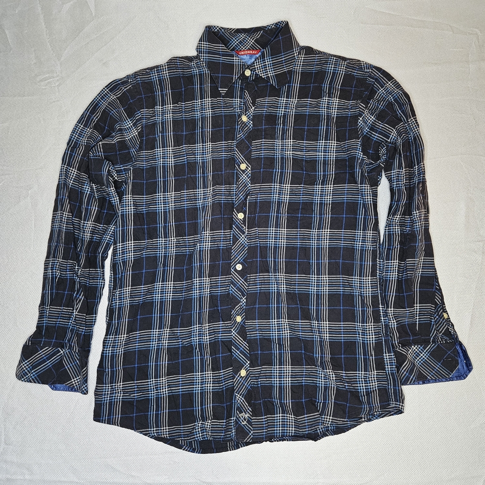 Unionbay Twin Palm Vintage Mens Navy Blue Plaid Long Sleeve Button Down Shirt L